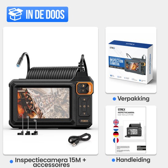Strex Endoskop mit Bildschirm 15M – Inspektionskamera – Kanalinspektionskamera mit HD-Bild – IP67 wasserdicht – Einstellbare LED-Beleuchtung