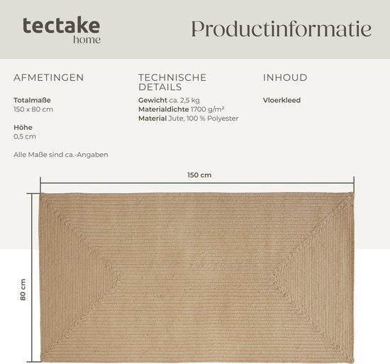 tectake - Flechtteppich - Boho-Stil - Juteteppich für den Innen- und Außenbereich - Langlebig, pflegeleicht, formbeständig und allergikerfreundlich - Vintage-Teppich - Div. Größen - 80x150 cm