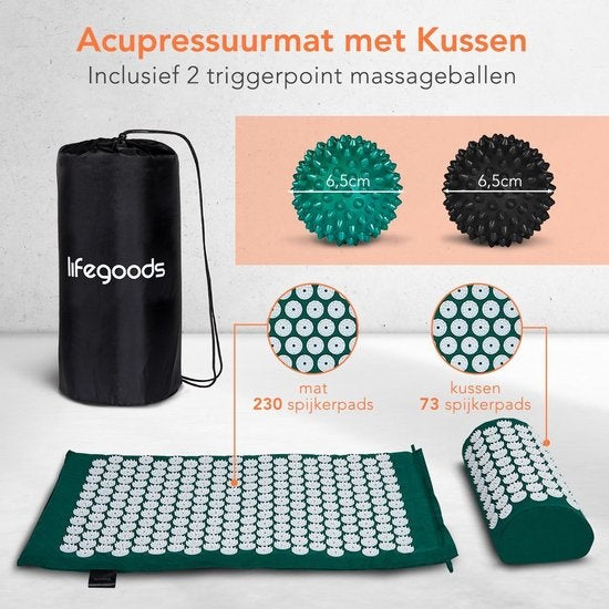 LifeGoods Akupressurmatte mit Kissen - Shakti Matte - Nagelmatte inkl. 2x Triggerpunkt Ball - 66x40x2cm - Grün/Weiß