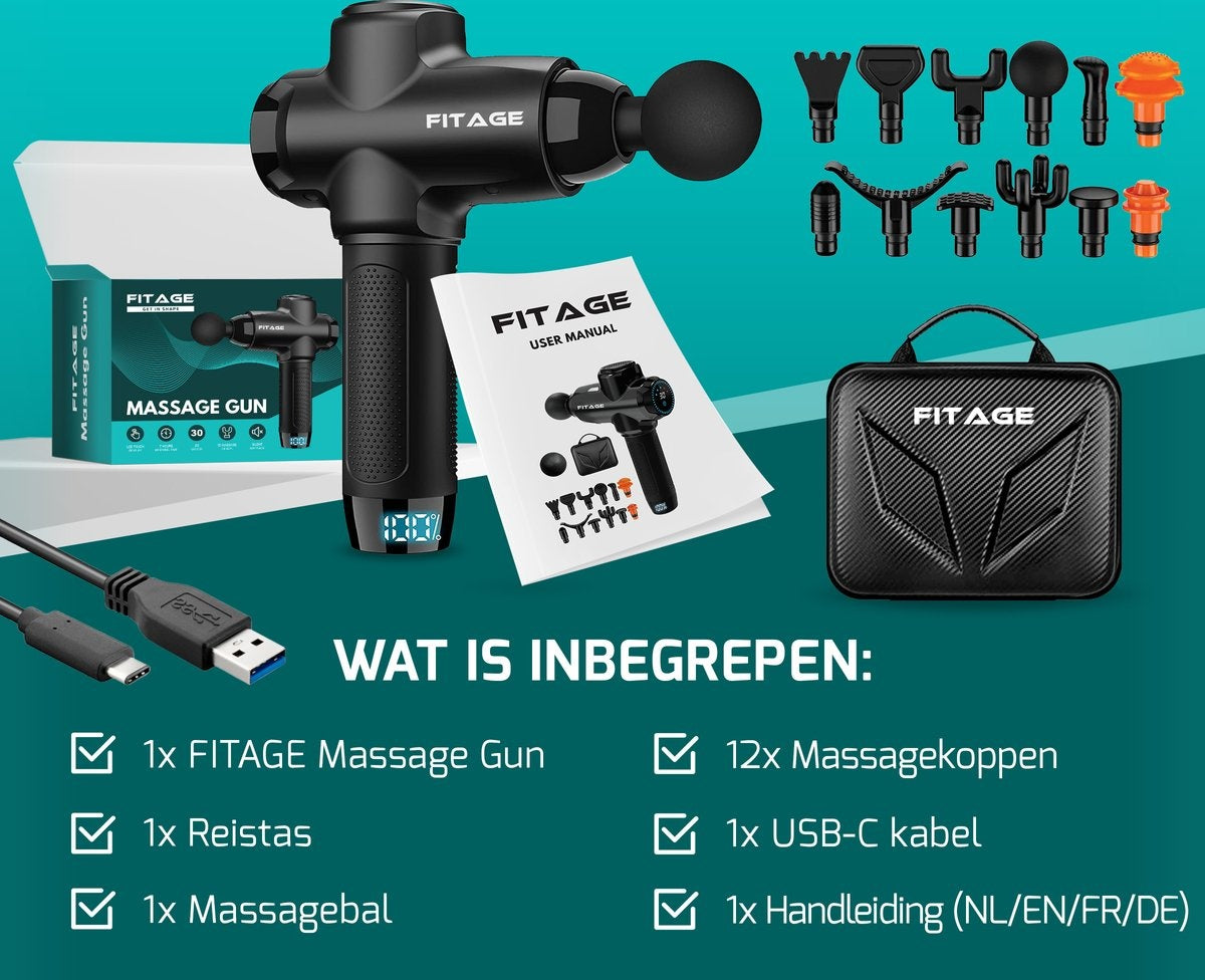 FITAGE Massage Gun Professional - 12 Aufsätze - 30 Modi - Schwarz