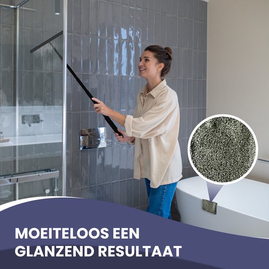 TTD® Duschwischer 2-in-1 mit ausziehbarem langem Stiel - 97 cm - Silikonwischblatt - Ergonomisch - Mit Mikrofasertuch und Aufhängehaken - Duschabzieher - Badezimmer-Bodenwischer - Bodenwischer - Schwarz
