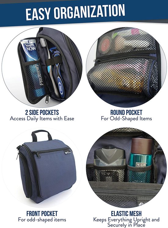 Plugstore – Hängende Kulturtasche für Männer und Frauen, perfektes Reiseset für Make-up, Toilettenartikel und Kosmetik, kostenloses E-Book, blau (blau) – HTB-M-B