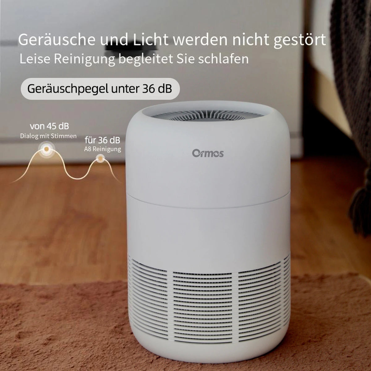 Ormos A8 Luftreiniger – HEPA-Filter und Luftqualitätssensoren – 21 × 21 × 30,2 cm