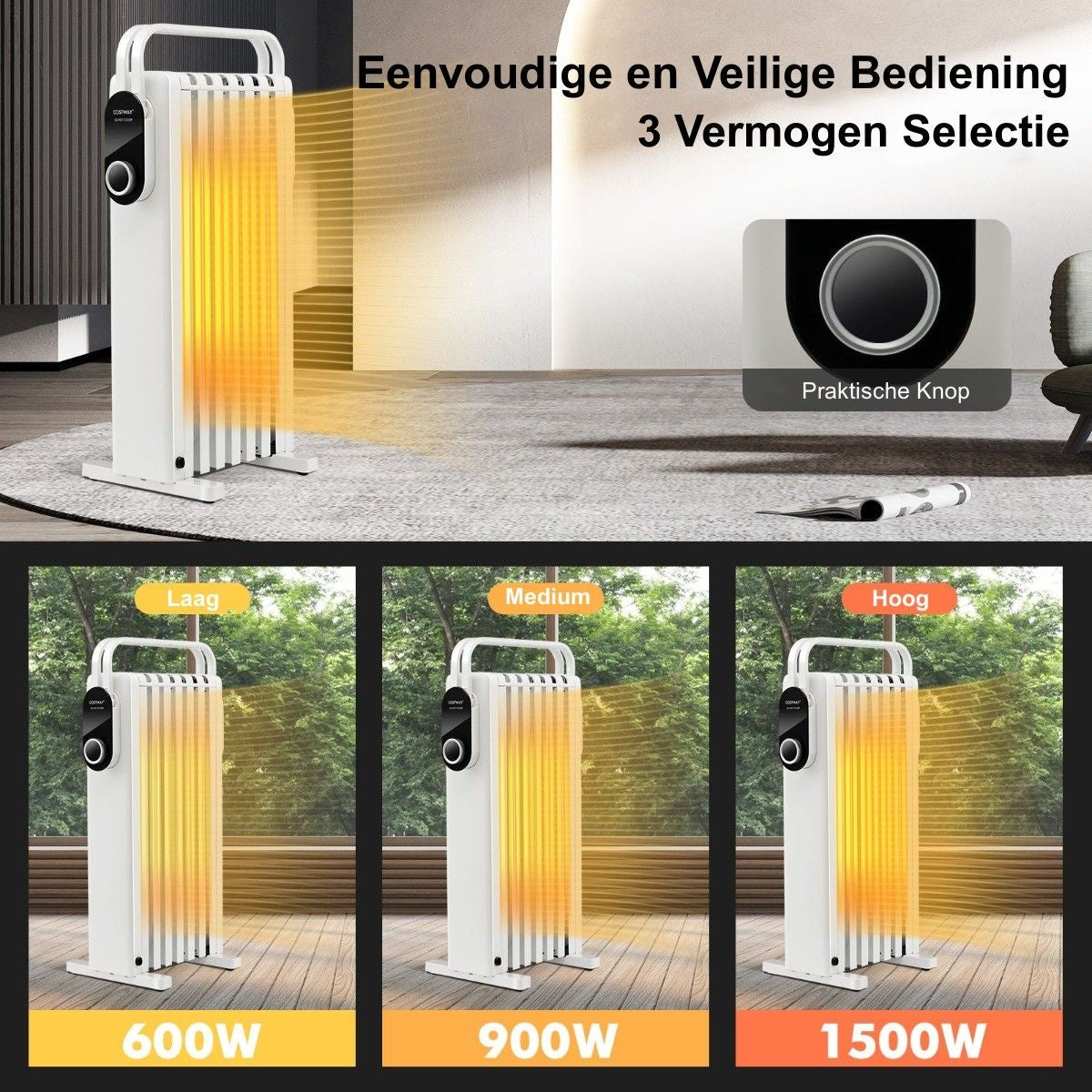 Coast 1500W Oilradiator 7 RIB -radiatoren met 3 verwarmingsniveaus Energiebesparing en oververhitting Bescherming Wit wit