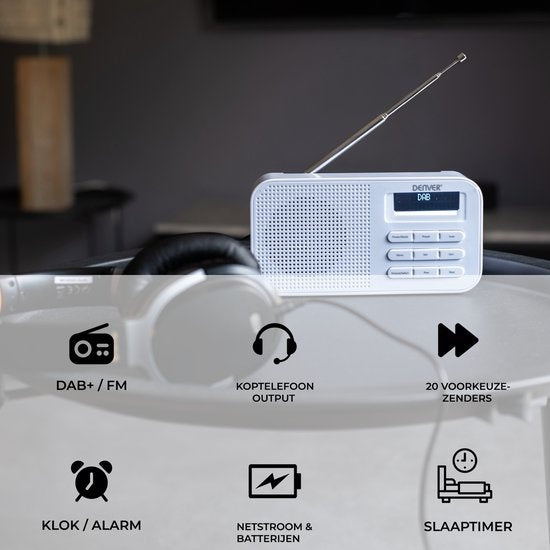Denver DAB-Radio - Küchenradio - FM-Radio - Tragbares Radio - Batterien & Netzanschluss - DAB42 - Weiß