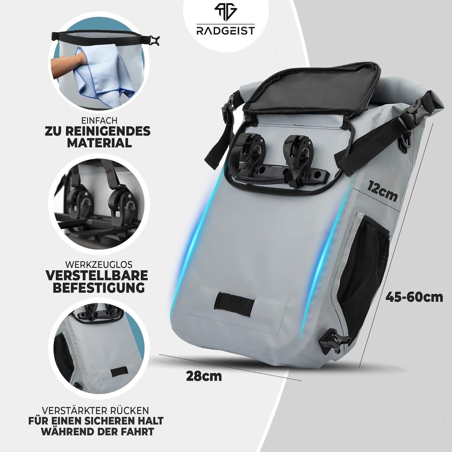 RADGEIST 3in1 Fahrradtasche für Gepäckträger I Fahrradtasche, Rucksack & Umhängetasche 18-22L I Tasche für Fahrrad 100% wasserdicht grau