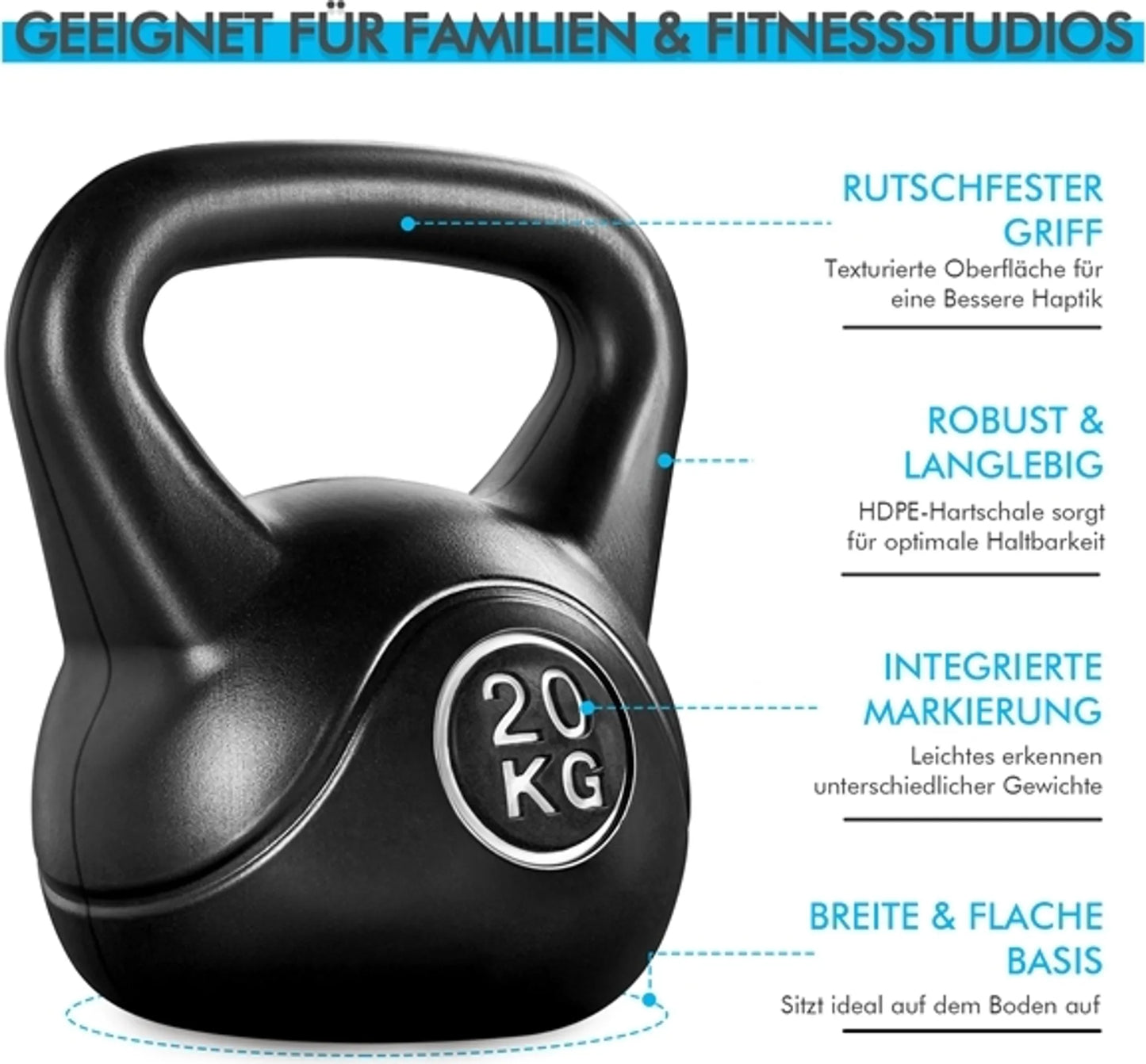 Yaheetech Kettlebell 20 kg - 27,5 x 26,5 x 34 cm - Features Ergonomischer Griff und Anti-Kratz-Kunststoff-Gehäuse und Zement-Füllung - für Krafttraining und Home Gym - Schwarz Kunststoff und Beton