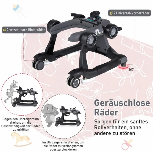 Coast Baby Walker 4-in-1 – Zusammenklappbarer Lauflernwagen mit Musik und Beleuchtung – Dunkelgrau
