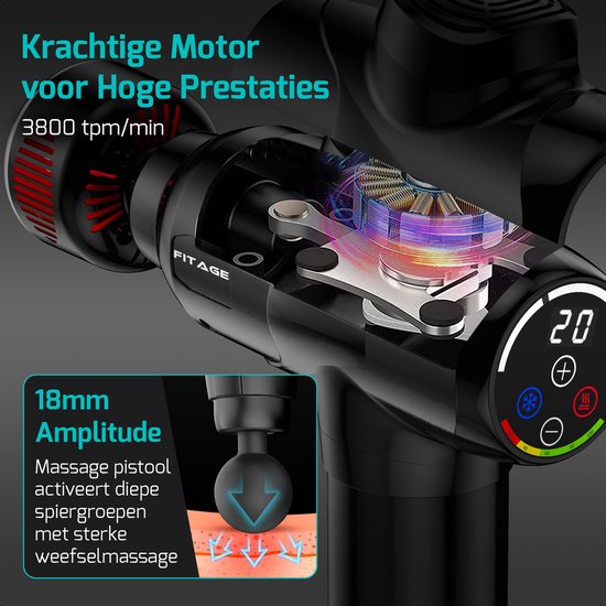 FITAGE Massagepistole Heiß & Kalt - 8 Aufsätze - 20 Positionen - Schwarz