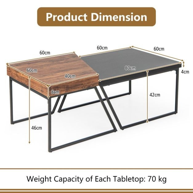 2er-Set Couchtische Modern Schwarz und Braun Stapelbarer Beistelltisch mit pulverbeschichteten Metallbeinen Trapezförmiger Ablagetisch
