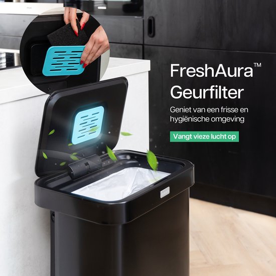 Deleca Sensor Mülleimer 50 Liter - Mit FreshAura Geruchskontrolle - Slow Close Mülleimer - Edelstahl Mülleimer - Schwarz