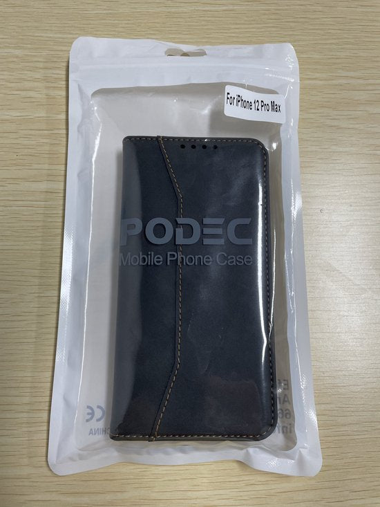 Podec Case mit Kartenhalter geeignet für iPhone 12 Pro Max Schwarz Phone Case - Anti-Shock Bookcase Cover mit 1x Displayschutzfolie - Wallet Case