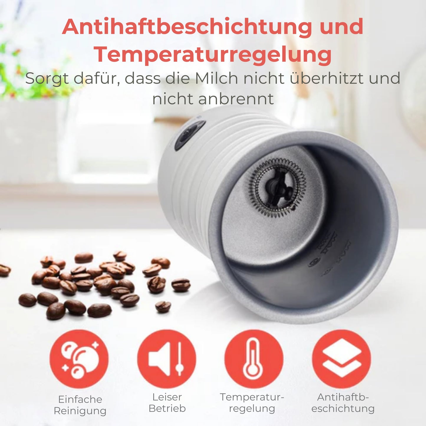 KitchenBrothers Elektrischer Milchaufschäumer – 4-in-1 mit Warmhaltefunktion – 240 ml – Antihaft – Weißer Edelstahl