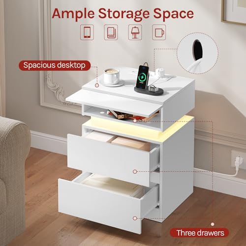 Woltu Nachttisch mit Steckdose und LED-Beleuchtung - Weiß - 40 x 35 x 55 cm - 2 Schubladen und 1 Ablagefach - Modern und multifunktional