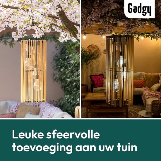 Gadgy Solar-Gartenbeleuchtung mit Solarenergie – Rattan-Laterne für den Außenbereich – Hängeleuchte oder Tischlampe – Spritzwassergeschützt – Stimmungsbeleuchtung für Garten, Balkon oder Terrasse – Braun – Ø 17 x 41 cm – Tag-/Nacht-Sensor
