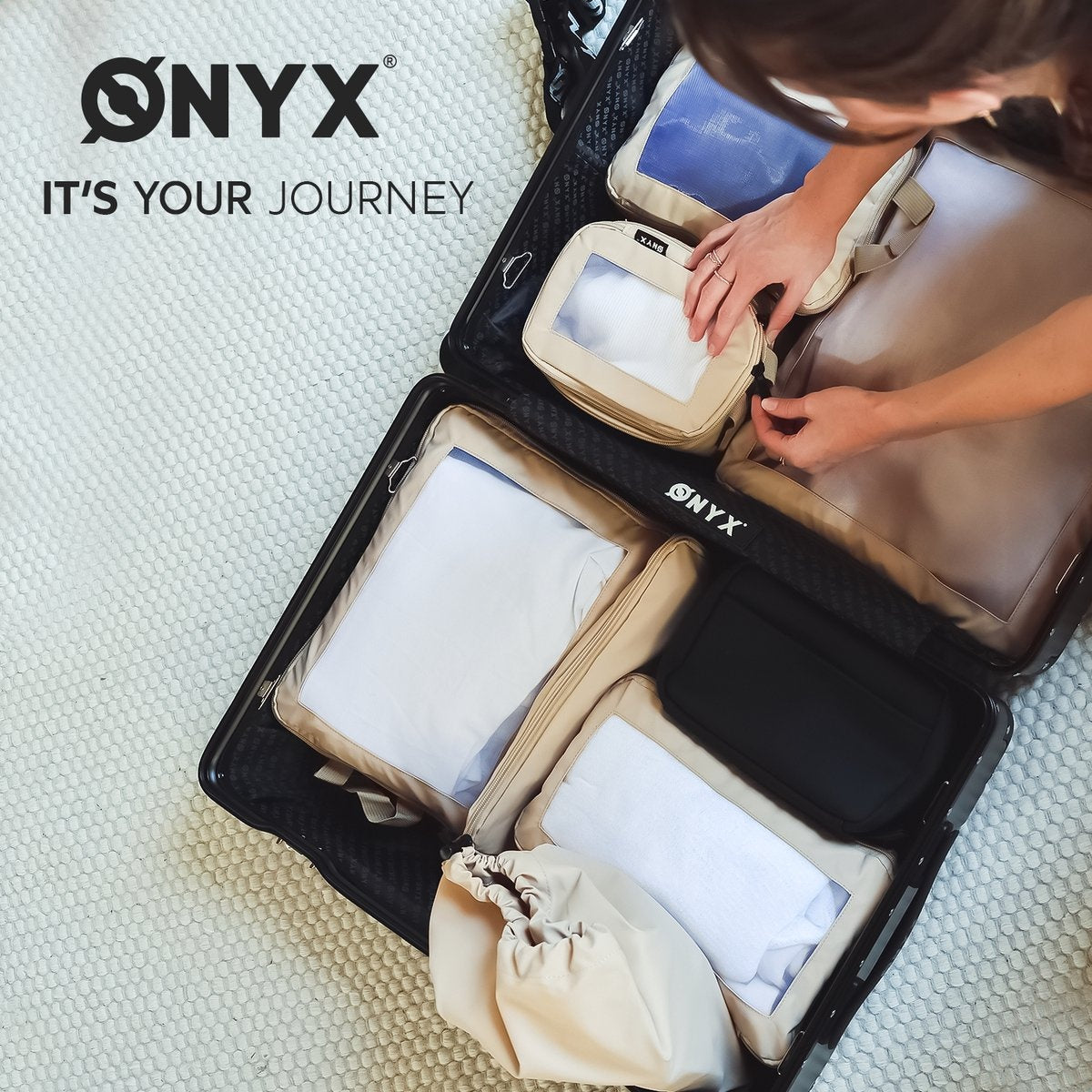 ONYX® Compression Packing Cubes - 7 Stück - Gepäckorganisation mit Kompressionsreißverschluss - Für Koffer und Taschen - Beige