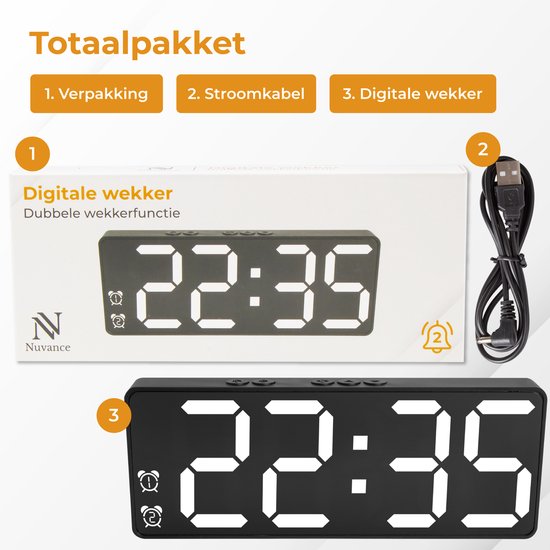 Nuvance - Digitaler Wecker - Digitaluhr - Wecker für Kinder & Erwachsene - Reisewecker - Schlafzimmer - Led-Wecker digital - Wecker - Schwarz