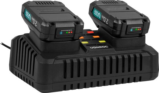 VONROC Doppel-Schnellladegerät - VPower 20V Plattform - Für 2.0Ah & 4.0Ah Batterien
