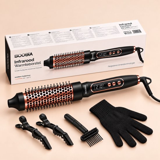 Soosia Lockenstab & Glättungsbürste – Wärmebürste mit Keramikplatten – Thermal Brush – Infrarot & Ionen – Einstellbar von 110 bis 210 °C