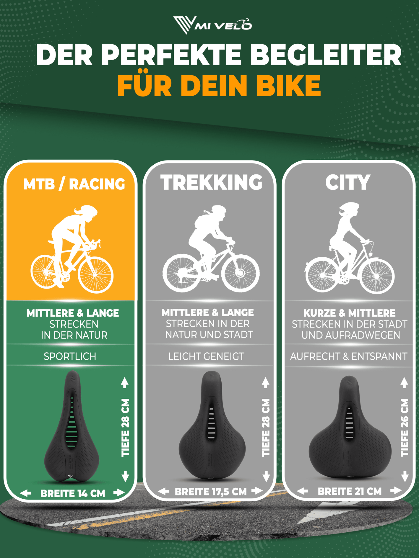 MIVELO - Comfort Pro MTB Fahrradsattel - Ergonomisch mit Memory Foam - 100% Wasserdicht - 28 cm x 14 cm - Schwarz