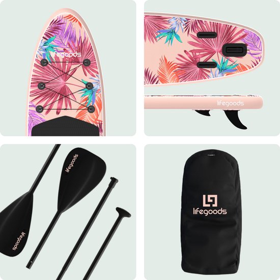 LifeGoods PaddlePro SUP Board - Aufblasbares Paddle Board - Komplettset - Max. 150KG - 320x81cm - Tropisches Rosa
