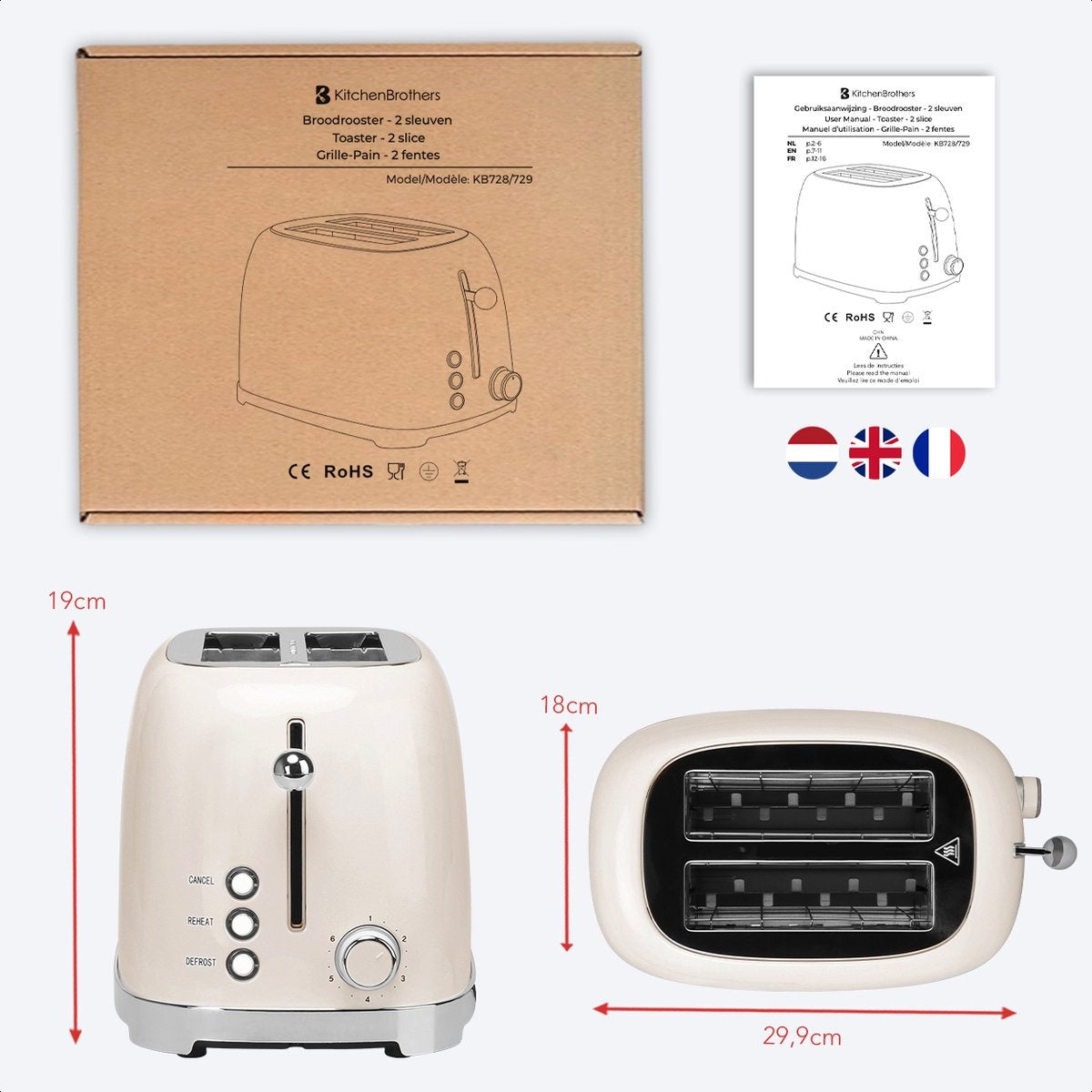 KitchenBrothers Retro-Toaster - 6 Heizstufen - 2 extra breite Schlitze - 1630W - Aufwärm- und Auftaufunktion - Beige