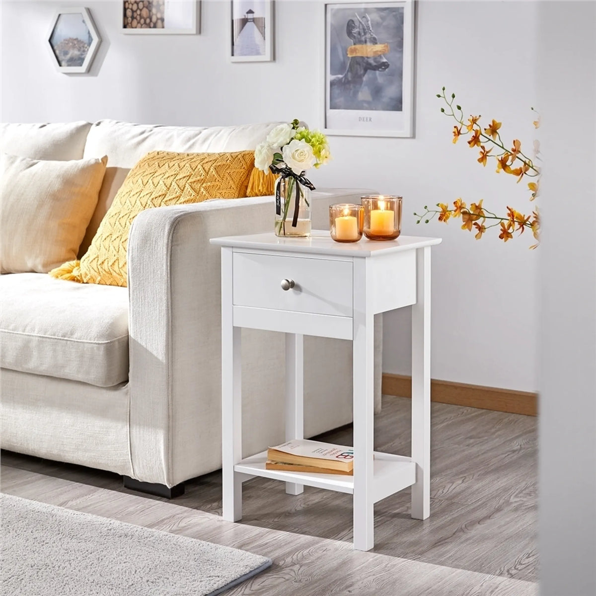 Yaheetech Stilvoller Nachttisch mit Schublade und Einlegeboden 40 x 30 x 61 cm – Zeitloses Weiß – MDF