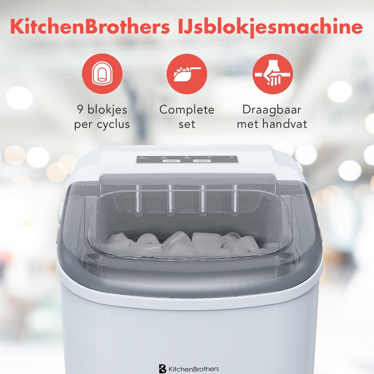 KitchenBrothers Eiswürfelbereiter - 7/10 min - Tragbar mit Handgriff - Inklusive Eisportionierer - Weiß