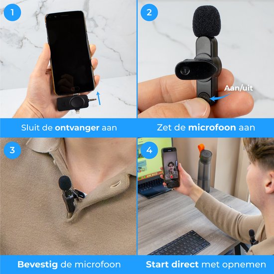 Nuvance - Drahtloses Mikrofon - 2 Stück - Geeignet für Klinke 3,5 mm, USB-C und Lightning - Krawattennadel-Mikrofon - Lavalier-Mikrofon Drahtlos - Mikrofone - Plug & Play