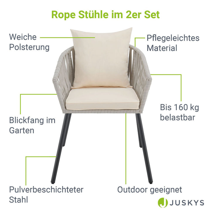 Juskys - Gartenstühle mit Seilgeflecht - 2er Set - Inklusive Kissen - 58 x 58 x 80 cm - Hellgrau