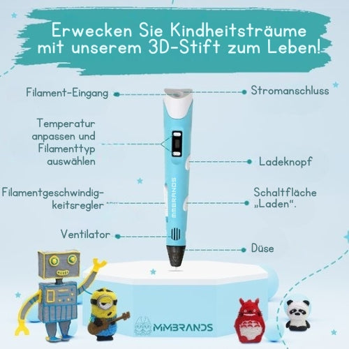 MM Brands - 3D Stift - Starter Pack - inkl. 100m Filament in 10 Farben - Extra langes Ladekabel - Geeignet für ABS & PLA Filament - Blau