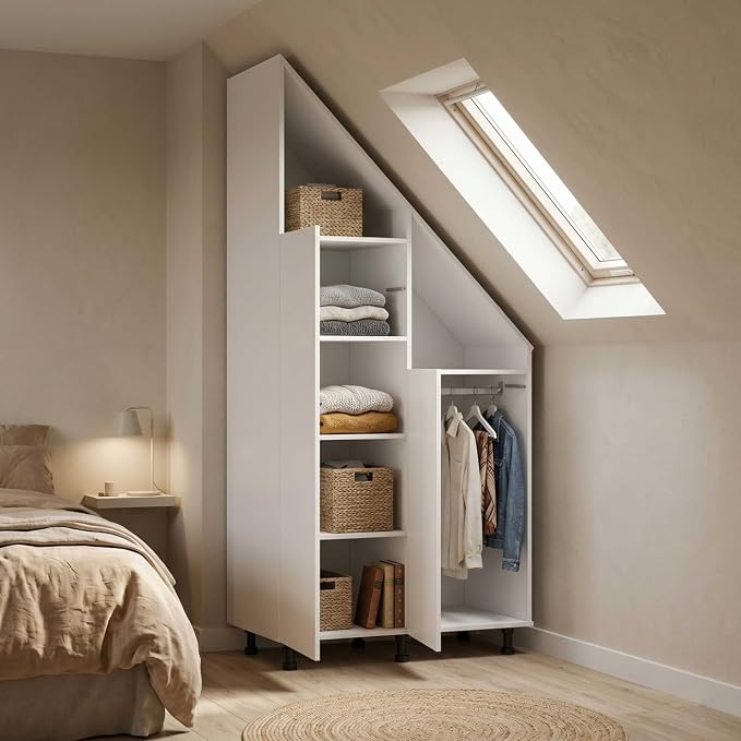 VDD Schrank für schräge Wände – Dachbodenschrank mit offenen Fächern und Türen – 91 x 47 x 182/90 cm – verstellbare Füße – Weiß