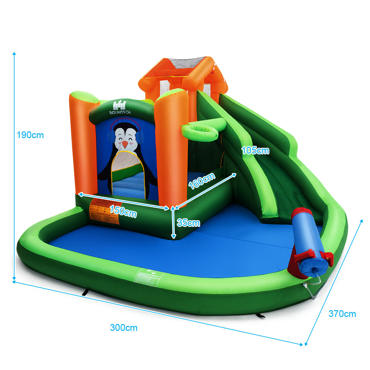 Coast Bouncy Castle met een glijwaterpark voor natte en droge toepassing 370 x 300 x 190 cm groen