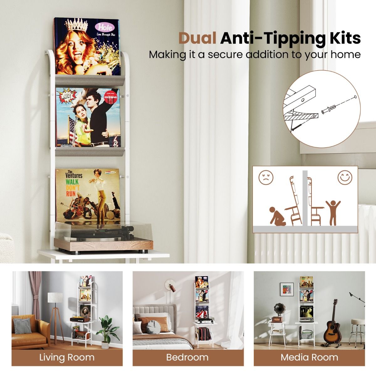 Coast 5-stöckiger Plattenspieler-Ständer mit Vinyl-Ausstellungsregal - 50x51x145 cm - Weiß