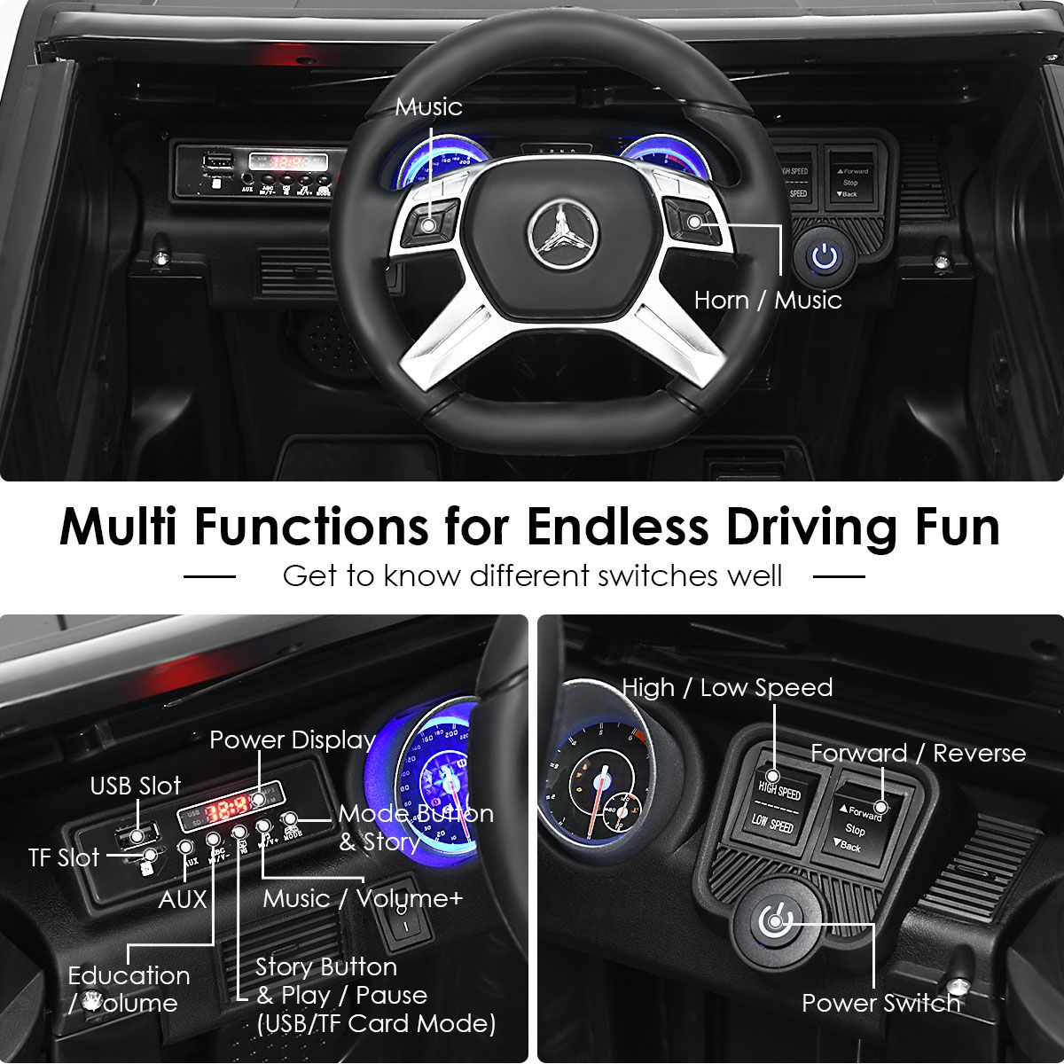 Küsten-Spielzeugauto für Kinder - mit Musik und Fernbedienung - 115 x 67 x 57 cm - Schwarz