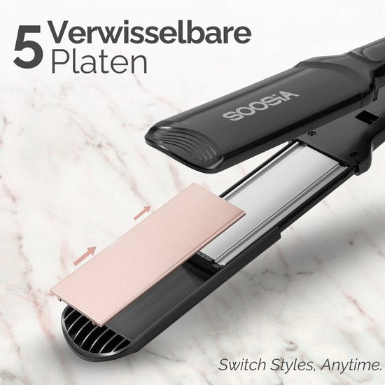 Soosia 5-in-1 Switch Styler - Glätteisen, Waffeleisen, Welleneisen & Lockenstab - 3,5cm Keramikplatten - Roségold