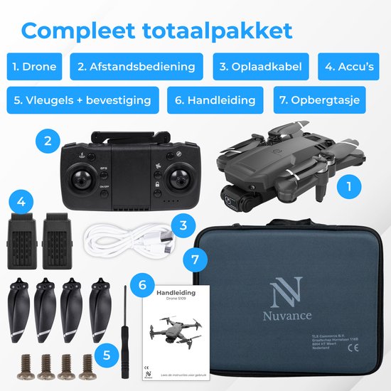 Nuvance - Drohne mit Kamera und GPS - 1080p Mini-Kamera - für draußen und drinnen - inkl. Tasche und 2 Akkus - Schwarz