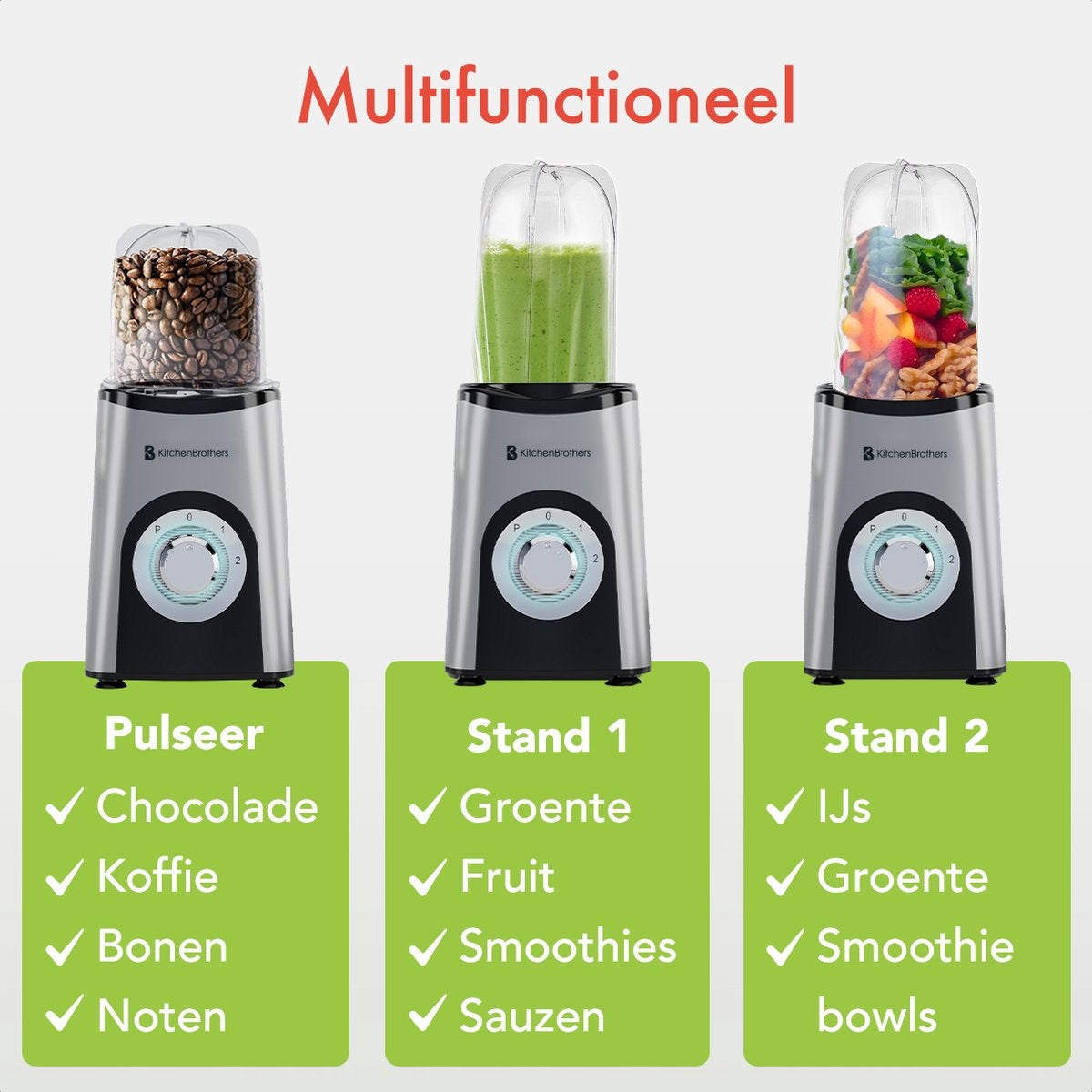 KitchenBrothers Smoothie Mixer - 13-teiliges Set - 4 Becher - Smoothie Maker To Go - 350W - Edelstahl
