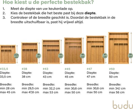Budu Extendable Bamboo Cutlery Tray #47 (47 cm tief) - Besteckkassette Holz - Besteckschublade - 47 x 30.6 - 50 cm - 6/8 Fächer