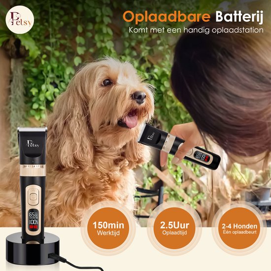 Petsy Profi-Hundeschermaschine – 2-in-1-Tier-Schermaschine für dickes Fell – Leise – Schermaschine für Hunde und Katzen – Hundeschermaschine – Inklusive Ladestation