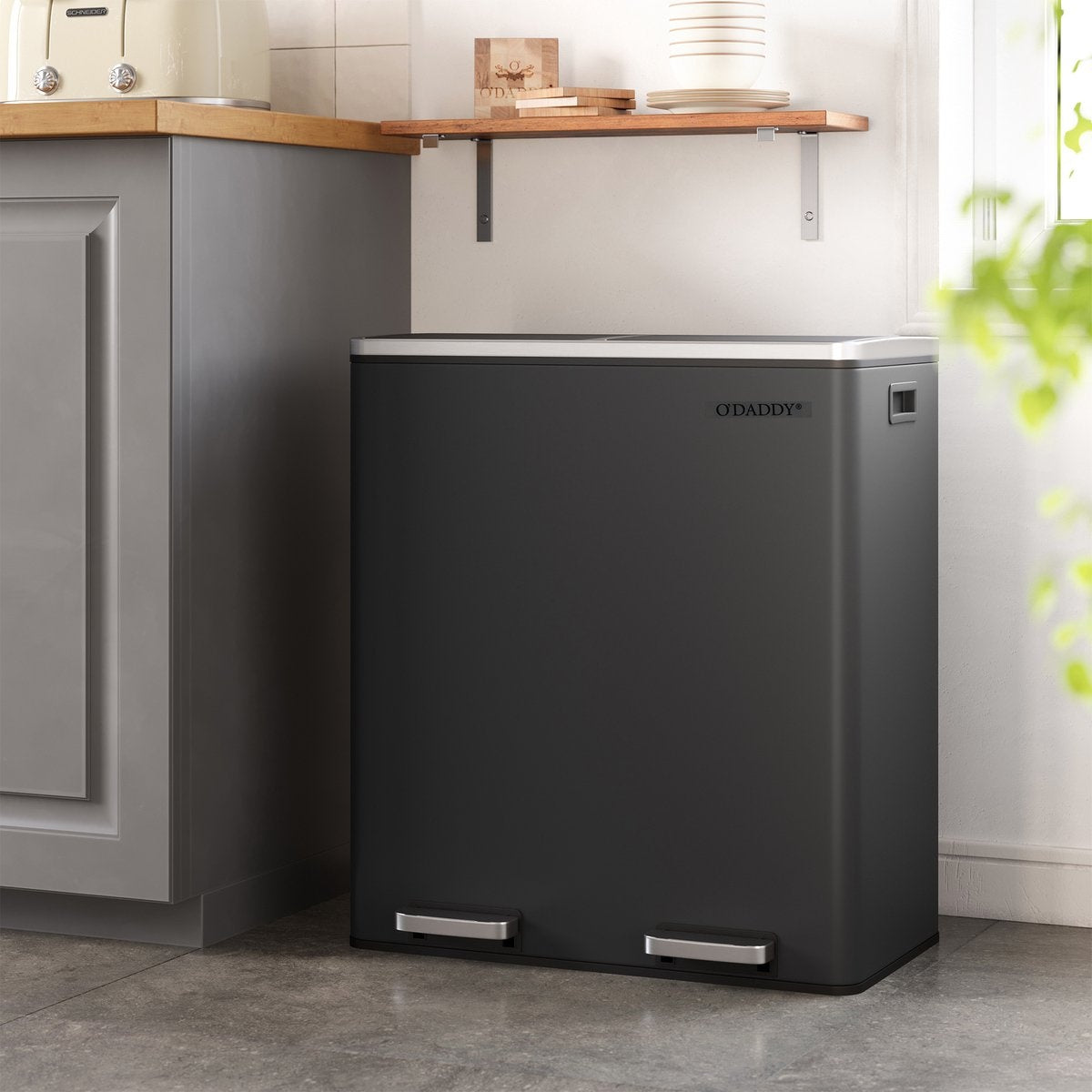 O'DADDY® Mülltrenner - Mülleimer 60L (2x 30L) - Treteimer - 59 x 65 x 32 cm - Schwarz