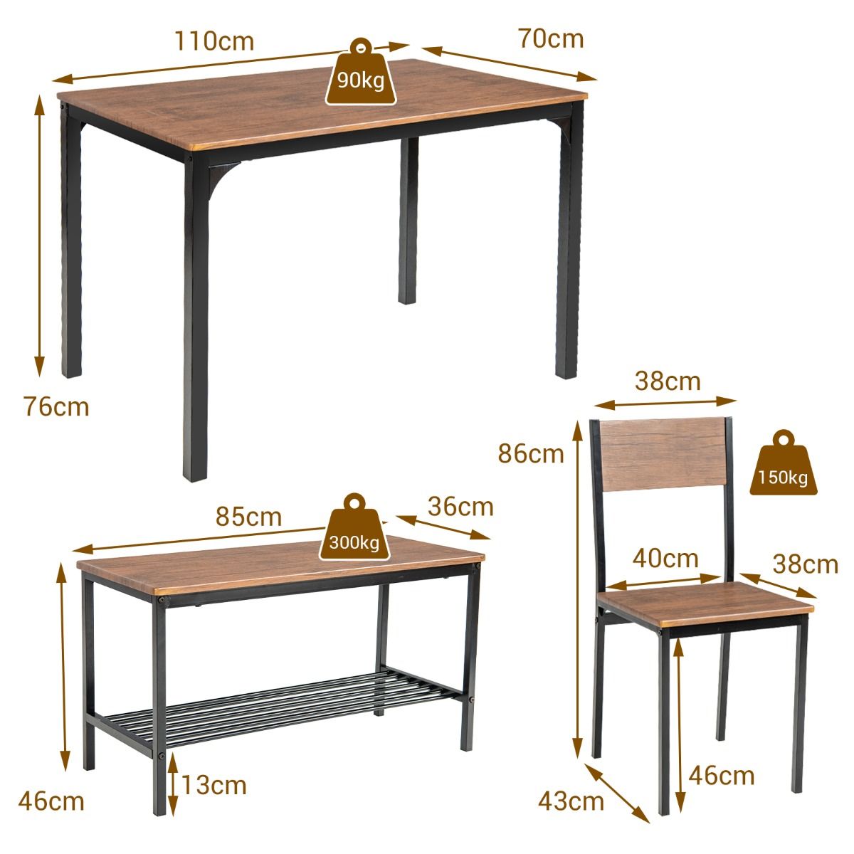 Coast 4-teiliges industrielles Küchentisch und Stuhl Set Braun 110x70x76 cm Tisch + 2 Stühle + Bank