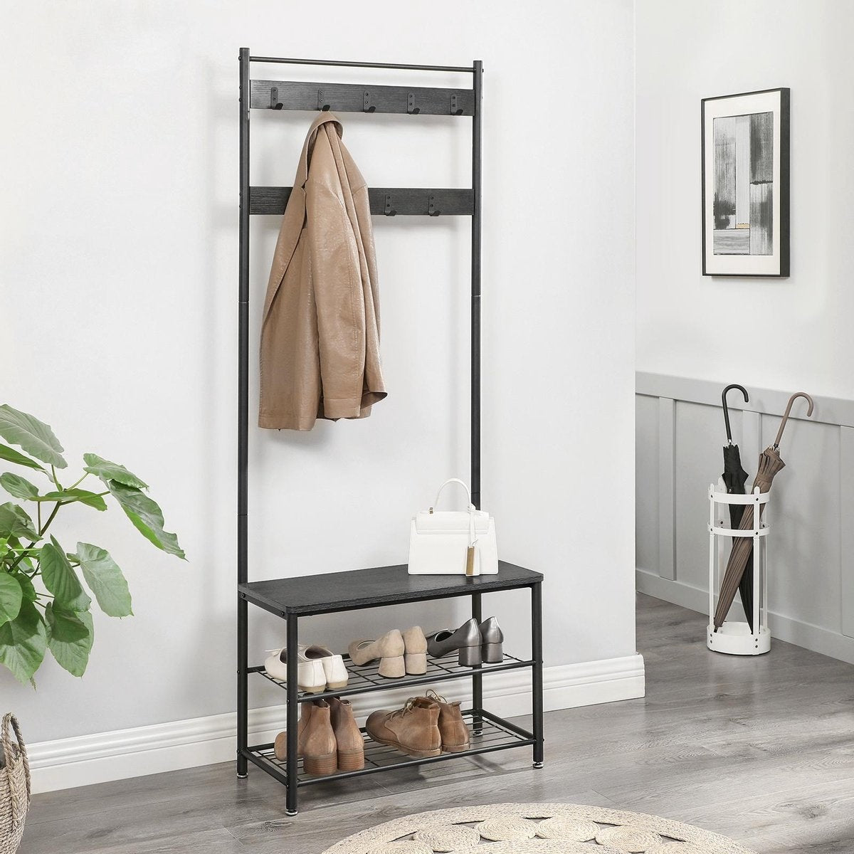 O'DADDY® Garderobenständer hochkant - Garderobe mit Schuhablage - 9 Haken 2 Lagen Schuhablage 6 Paar - Garderobe - 70 x 32 x 175 cm - Garderobe schwarz / dunkelgrau