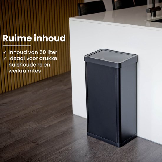 QLT Knockdown Push Mülleimer 50 Liter - Deckel öffnet durch Drücken - Fingerabdrucksicher - Modernes und langlebiges Design - 36x24.2x83 cm - Schwarz