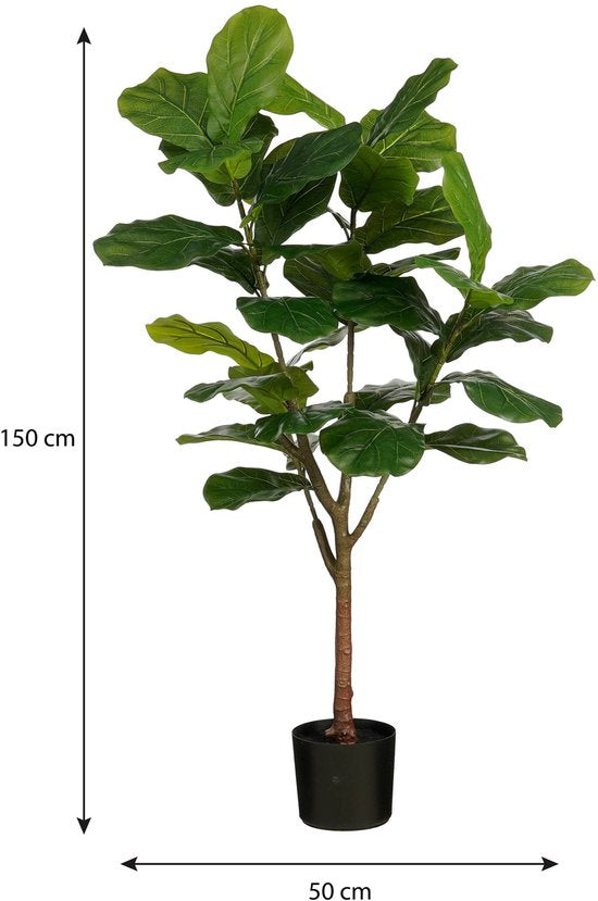 Mica Decorations Ficus Lyrata Kunstpflanze – Kunststoff-Zimmerpflanze im schwarzen Topf – wasser- und UV-beständig für drinnen und draußen – pflegefreie botanische Dekoration – H 150 x Ø 50 cm – grün