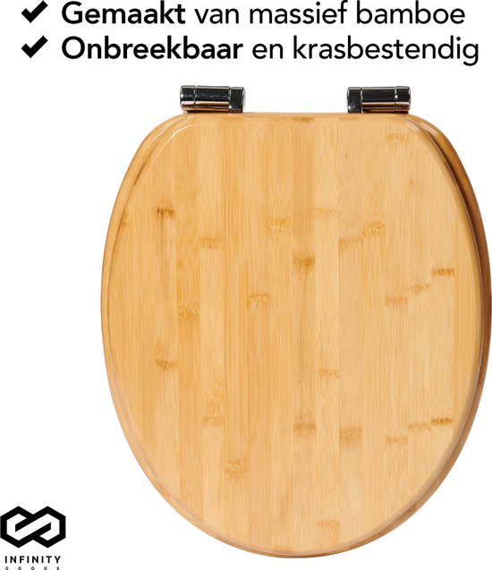 Infinity Goods Bambus Toilettensitz Terry - Toilettensitz mit Deckel - Soft Close - Edelstahlscharniere - Inklusive Befestigungsmaterial