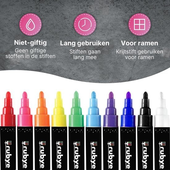 Rubye® Fenstermarker Kinder - 21 Stück - Abwaschbar - Fensterkreidemarker - Whiteboardmarker