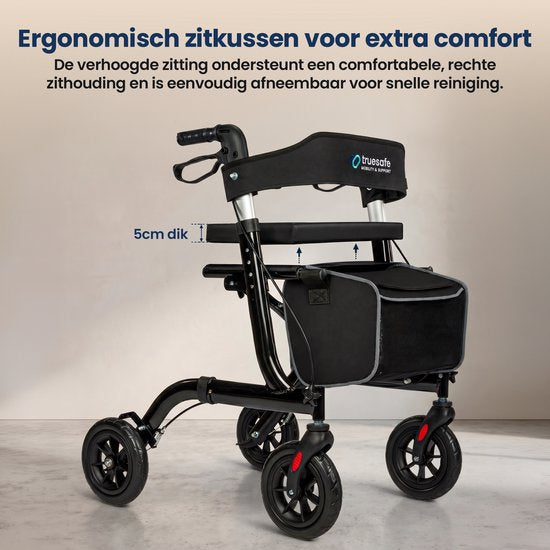 TrueSafe Rollator, leicht und zusammenklappbar (6,9 kg) – Für drinnen und draußen – Inkl. ergonomischem Sitzkissen, Beleuchtung, Rückenlehne, Gehstockhalter und mehr – Schwarz