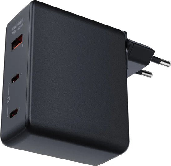 Aukey Omnia II Mix - Reisestecker mit EU-, US- und UK-Stecker - GaN-Ladegerät: Schneller und kompakter - 2x USB-C, 1x USB-A - 140W - Schwarz
