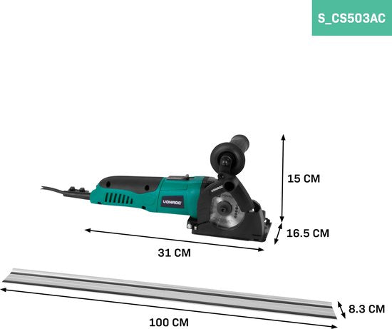 VONROC - Mini-Kreissäge - Handkreissäge - 500W - Ø85mm - mit Führungsschiene - Inkl. 3 Sägeblätter - Schwarz/Grün